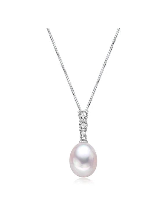 9-10mm Culture Teardrop Pearl Pendant Necklace with 925 Sterling Silver Cubic Zirconia Mother's Day Jewelry Gifts for Women