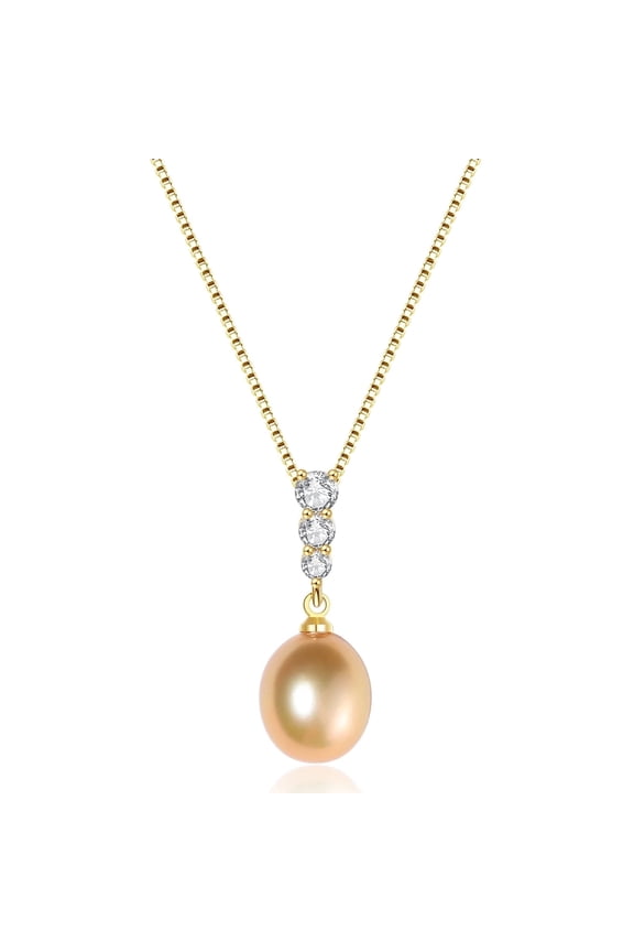 9-10mm Golden Elegant Saltwater Pearl Drop Pendant Necklace with Three CZ 925 Sterling Silver Gift for Her