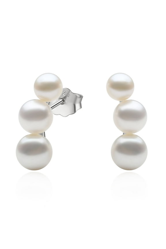 Freshwater Cultured White Pearl Earrings with 925 Sterling Silver Stud Hypoallergenic Climber Design Mother's Day Jewelry Gifts for Women