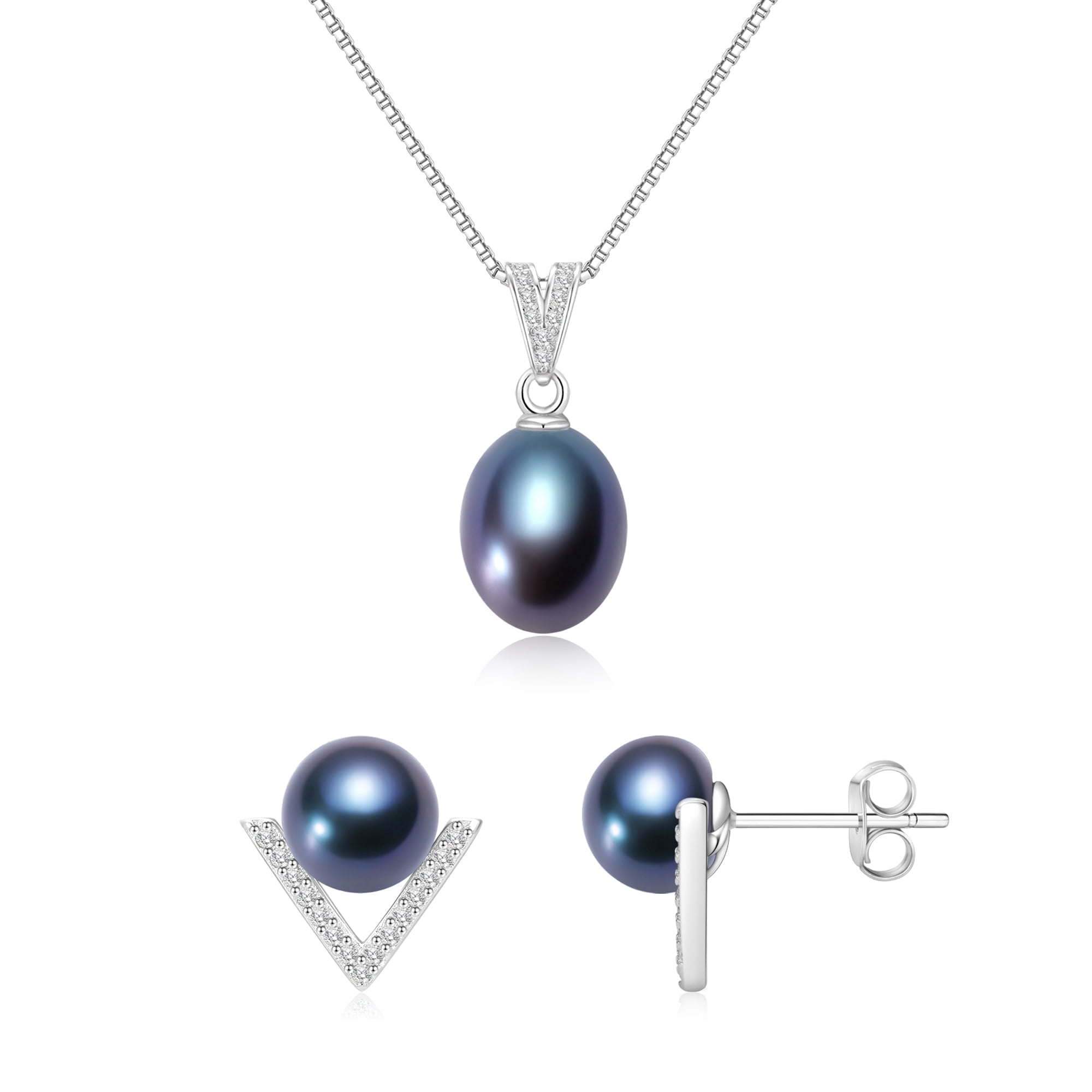 Yami Black  Teardrop Pearl Necklace and Earrings Set Saltwater Cultured Pearls in 925 Sterling Silver Jewelry Gift Set for Her