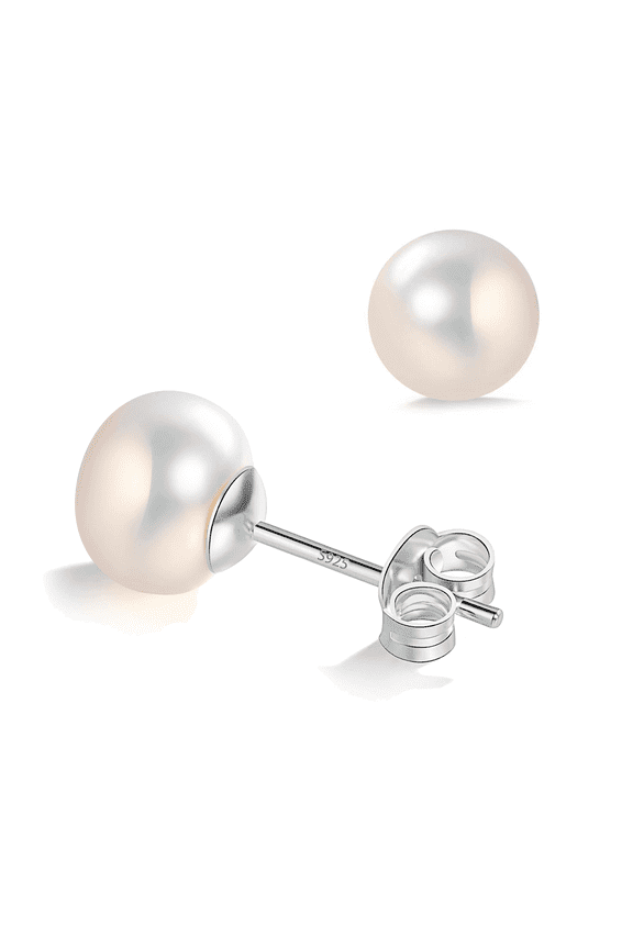 Classic Freshwater Cultured White Pearl Earrings Pearl Studs with 925 Sterling Silver Mother' day Gift for Women 8-8.5mm