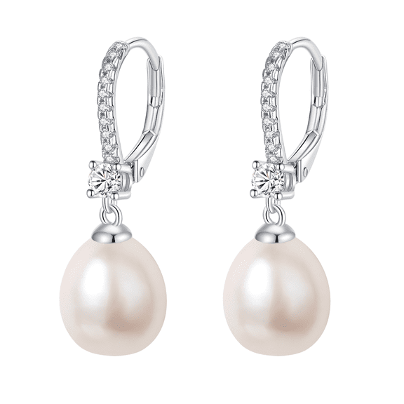 8-8.5mm White Freshwater Cultured Pearl Drop Earrings, 925 Sterling Silver , Cubic Zirconia, Lever Back Jewelry Gift for Women