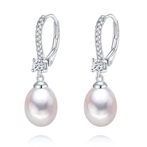 8-8.5mm White Freshwater Cultured Pearl Drop Earrings, 925 Sterling Silver , Cubic Zirconia, Lever Back JewelryGift for Women