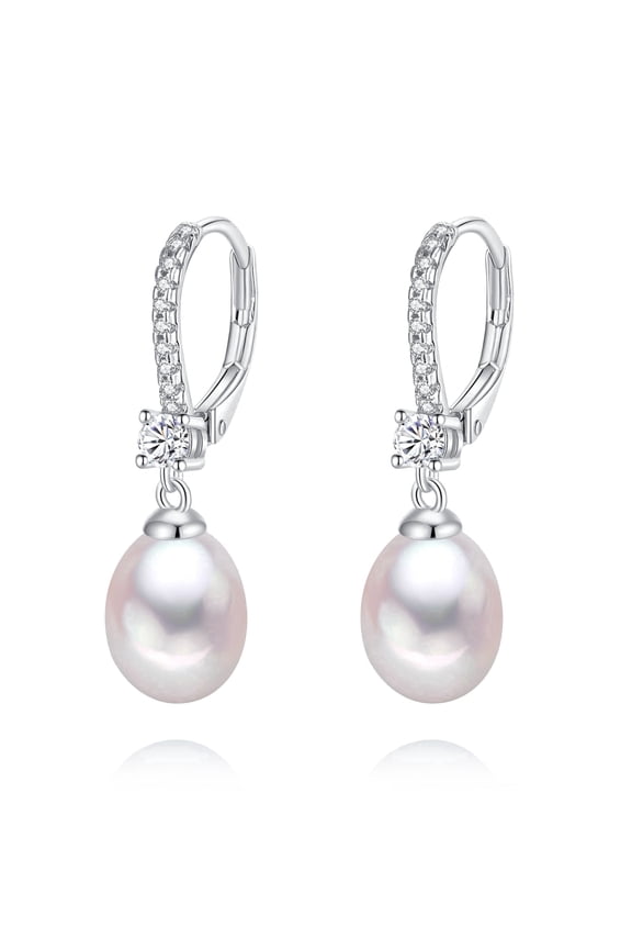 8-8.5mm White Freshwater Cultured Pearl Drop Earrings, 925 Sterling Silver , Cubic Zirconia, Lever Back JewelryGift for Women