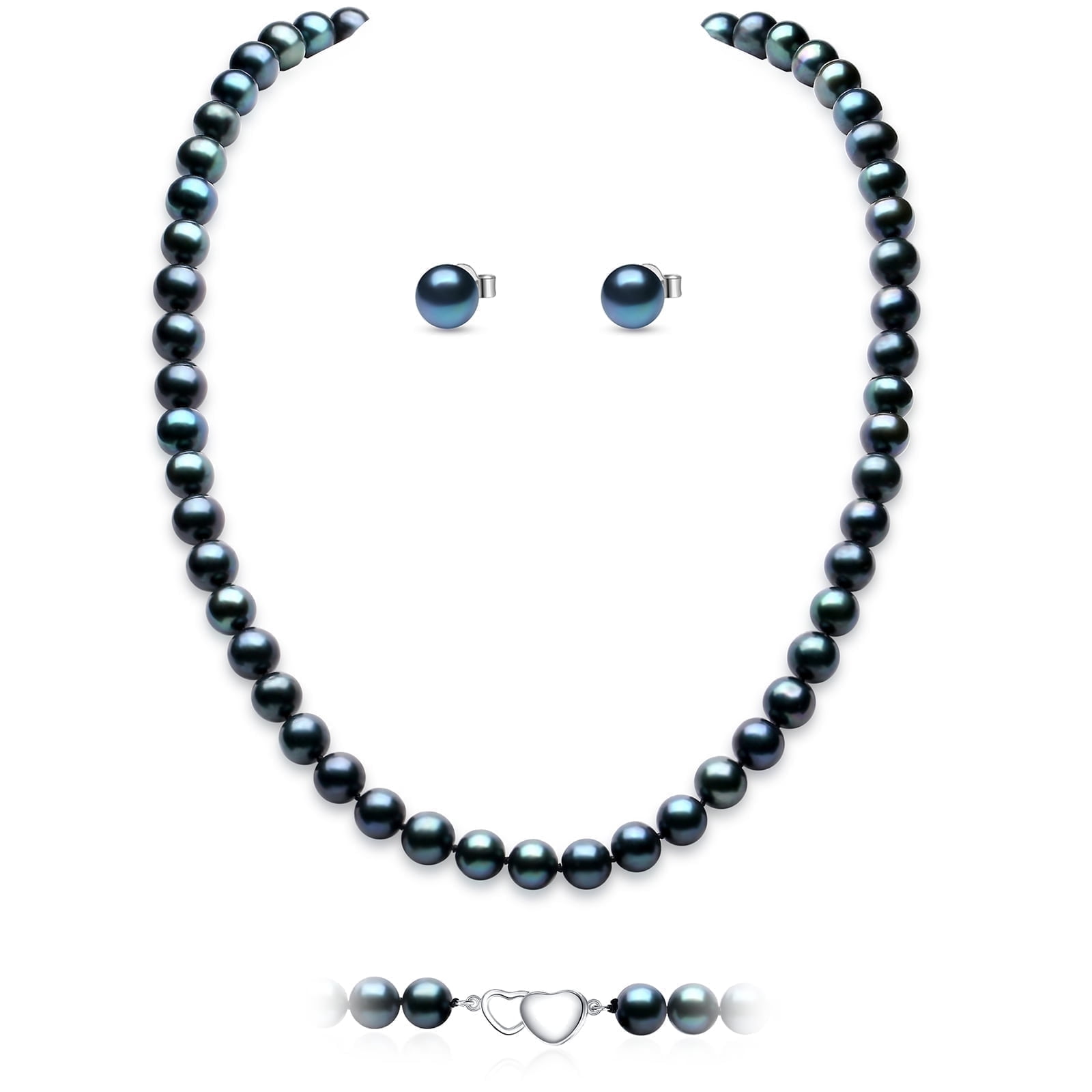 Yami Cultured Tahitian Black Pearl Nacklace and Earrings Set - 8.5-8.9mm Necklace and 7.5-7.9mm Earrings in 925 Sterling Silver Valentine's Day Jewerly Gifts for women