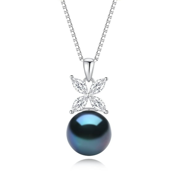 Yami Four Leaf Clover Black Tahitian Pearl Necklace Pendant 925 Sterling Silver Saltwater Cultured Pearls CZ Mother's Day Jewelry Gifts for Her 12-13mm