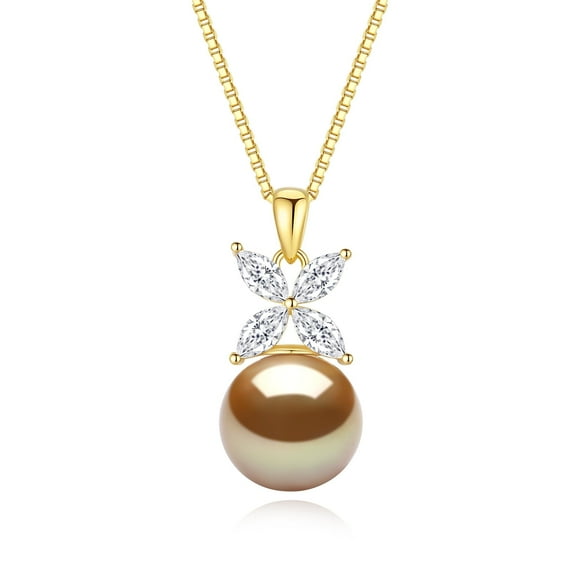Yami 12-13mm Golden Pearl Necklace Pendant 925 Sterling Silver Saltwater Cultured Pearls Four Leaf CloverCZ  Gifts for Her