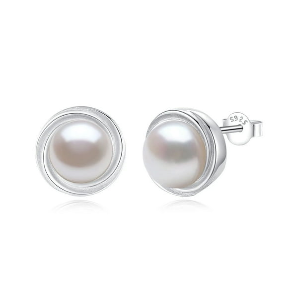Yami 8-8.5mm Freshwater Cultured White Pearl Earrings Studs in 925 Sterling Silver Mother's Day Jewelry Gifts for Women