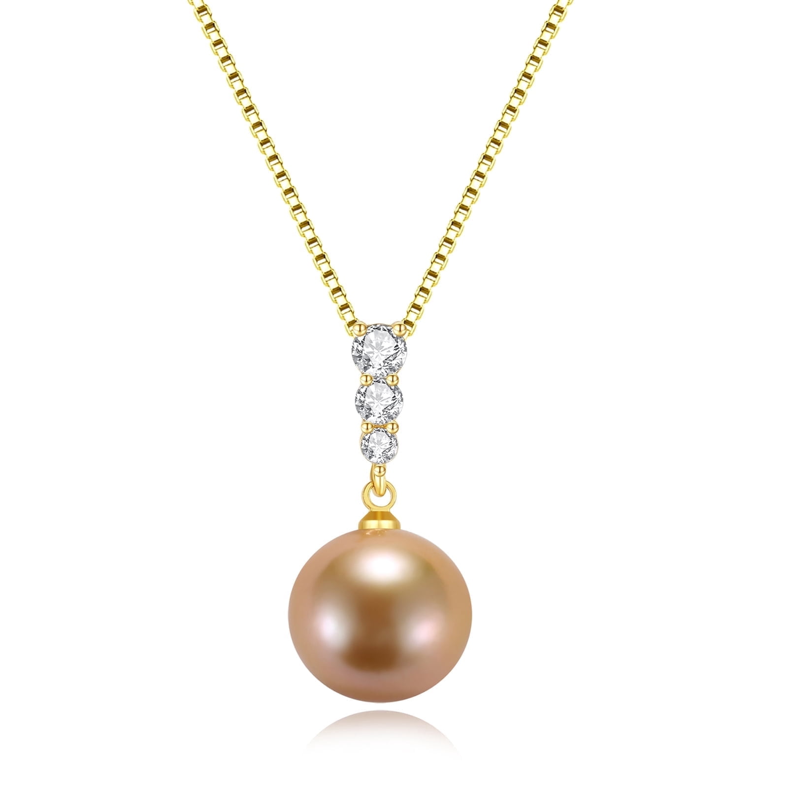 Yami 11-12mm Golden Pearl Pendant Necklace Saltwater Cultured Round Pearls in 925 Sterling Silver, 18+2in Adjustable Length Mother' Day Gift for Her