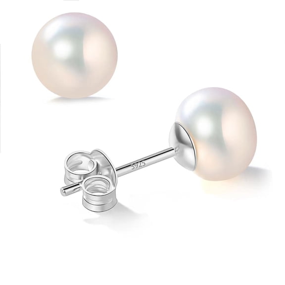 Yami Round Akoya Cultured White Pearl Earrings Stud in 925 Sterling Silver Hypoallergenic Valentine's Day Gift for Her 5.5mm