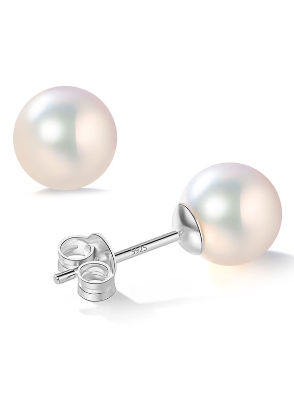 Round Akoya Cultured White Pearl Earrings Stud in 925 Sterling Silver Hypoallergenic Gift for Her 6-6.5mm