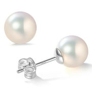 YAMI 7-7.5mm Akoya Cultured White Pearl Earrings Stud in 925 Sterling Silver Hypoallergenic Mother's Day Jewelry Gift for Her