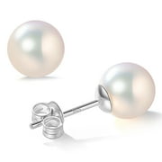 YAMI 7-7.5mm Akoya Cultured White Pearl Earrings Stud in 925 Sterling Silver Hypoallergenic Mother's Day Jewelry Gift for Her
