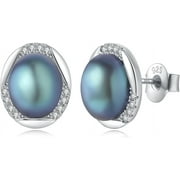 YAMI 8-8.5mm Saltshwater Cultured Black Pearl Earrings Studs in 925 Sterling Silver CZ Mother's Day Jewelry Gifts for Women