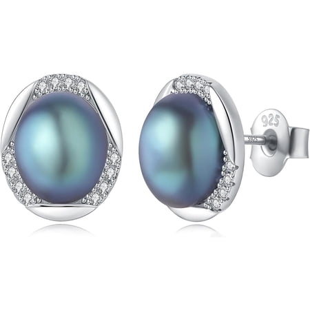Yami 8-8.5mm Saltshwater Cultured Black Pearl Earrings Studs in 925 Sterling Silver CZ Mother's Day Jewelry Gifts for Women