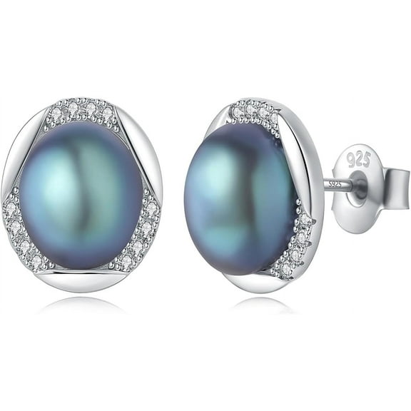 Yami 8-8.5mm Saltshwater Cultured Black Pearl Earrings Studs in 925 Sterling Silver CZ Mother's Day Jewelry Gifts for Women