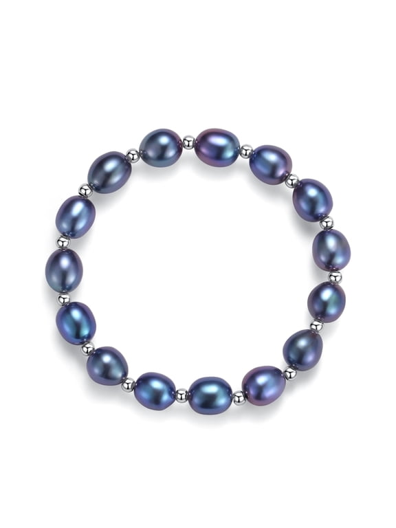 Saltwater Cultured Round Black Pearl Bracelet with 925 Sterling Silver 8-9.5mm Pearls 7.2IN Length Gift for Women