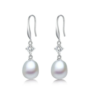 Yami 8-8.5mm White Teardrop Pearl Earrings with 925 Sterling Silver CZ Ear Hooks Jewelry Gift for Her