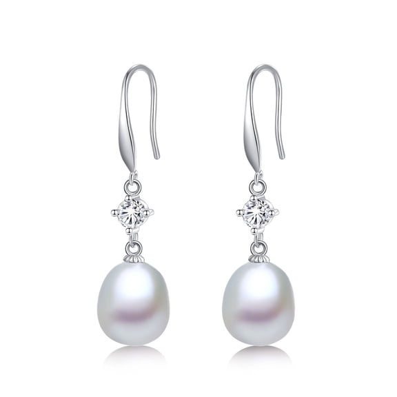 Yami 8-8.5mm White Teardrop Pearl Earrings with 925 Sterling Silver CZ Ear Hooks Valentine's Day Jewelry Gift for Her
