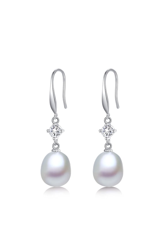 8-8.5mm White Teardrop Pearl Earrings with 925 Sterling Silver CZ Ear Hooks Valentine's Day Jewelry Gift for Her