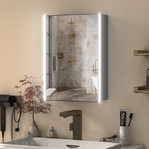 Yamissi 20" LED Bathroom Mirror Cabinet, Dimmable Single Door Medicine Chest in Matte Black