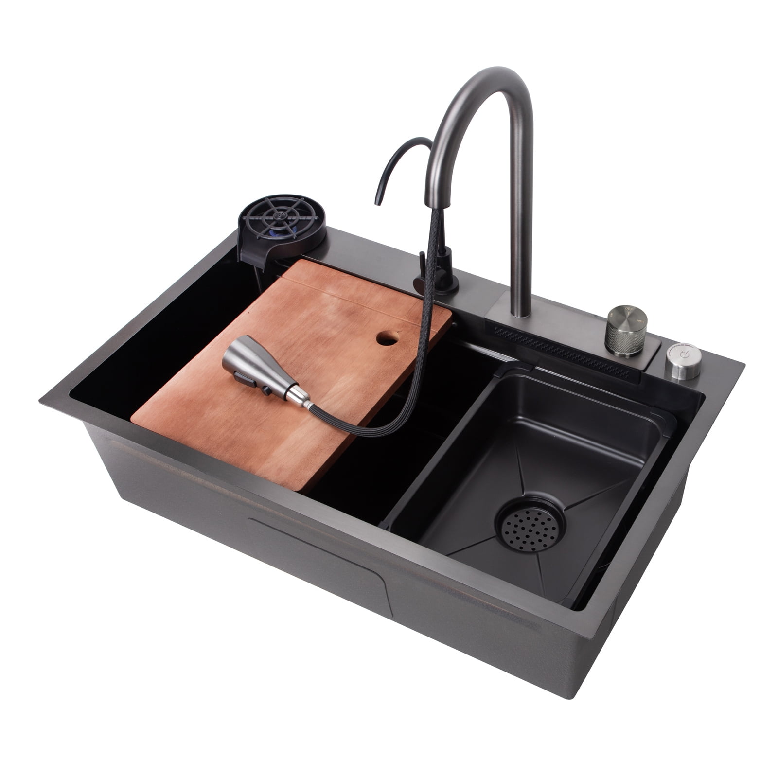 Yamissi 29.5" Kitchen Sink, Stainless Steel Waterfall Sink Single Bowl with Pull-Out Sprayer Faucet and Multiple Accessories, Black