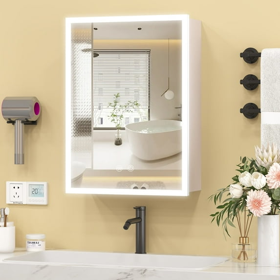 Yamissi Bathroom Medicine Cabinet with Mirror, Defogger, LED Lighted Bathroom Cabinet Storage, Wall Mounted Bathroom Vanity Mirror Cabinet