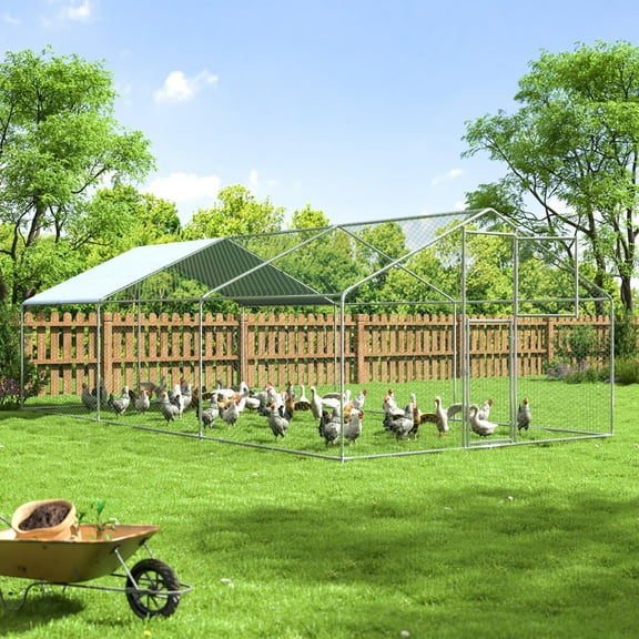 Yamissi Large Metal Chicken Coop Walk-in Poultry Cage for 20/30 Chickens with Waterproof Anti-UV Cover, 19.7 x 9.8 x 6.6 ft, Peaked Roof for Hen House, Duck Coop and Rabbit, Silver