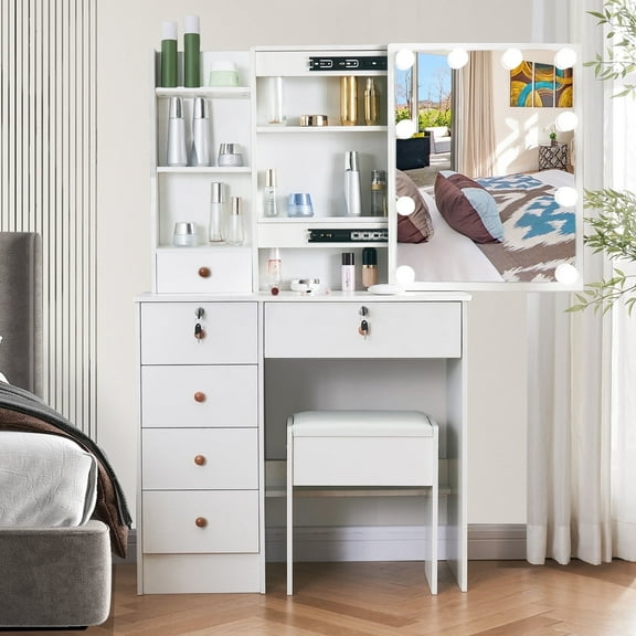 Yamissi White Vanity for Bedroom, Vanity Desk with Sliding Mirror and 10 Lights, 6 Drawers Vanity Set with Stool for Girls