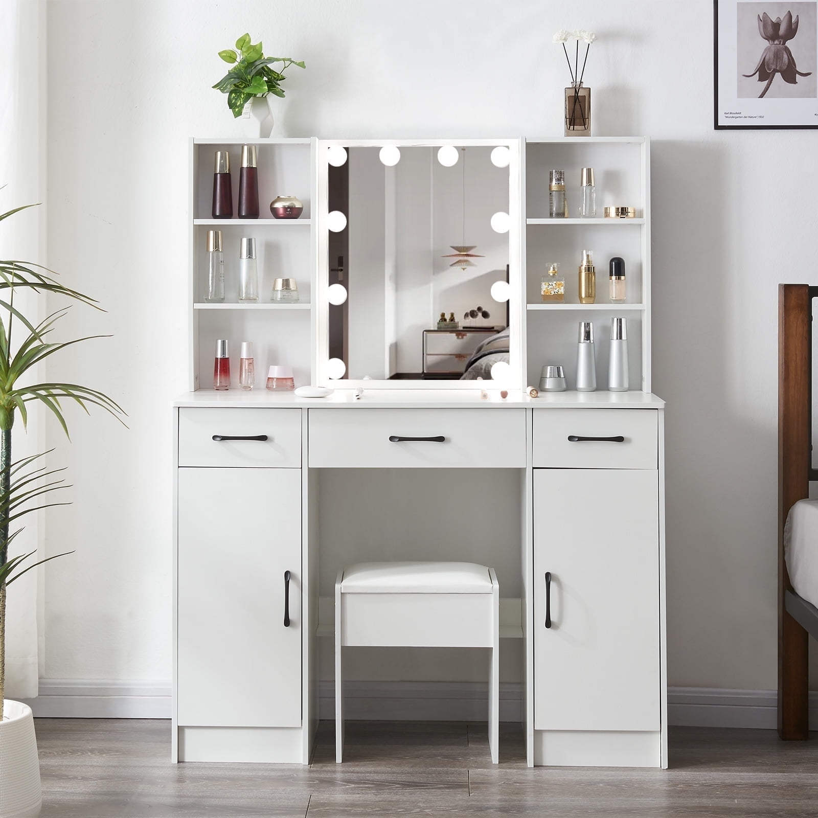 Yamissi Makeup Desk Vanity with Mirror & Lights, Large Vanity Table with Storage Shelves & Drawers, Makeup Dressing Table, Bedroom Vanity with Stool for Women Girls