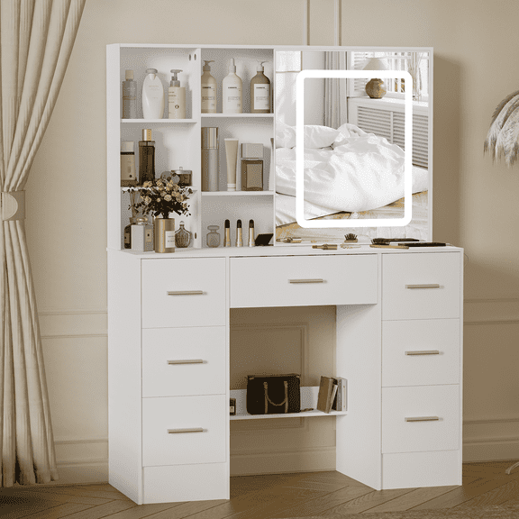 Yamissi Makeup Vanity Desk with Lighted Sliding Mirror, 7 Drawers Modern Vanity Table for Women Girls Bedroom, White