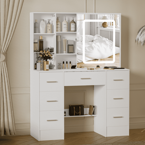 Yamissi Makeup Vanity Desk with Lighted Sliding Mirror, 7 Drawers Modern Vanity Table for Women Girls Bedroom, White