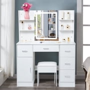 Yamissi Makeup Vanity Desk with Mirror & Led Lights, Vanity Set w/ 5 Drawers & Stool, Dressing Table for Girls Princess, White