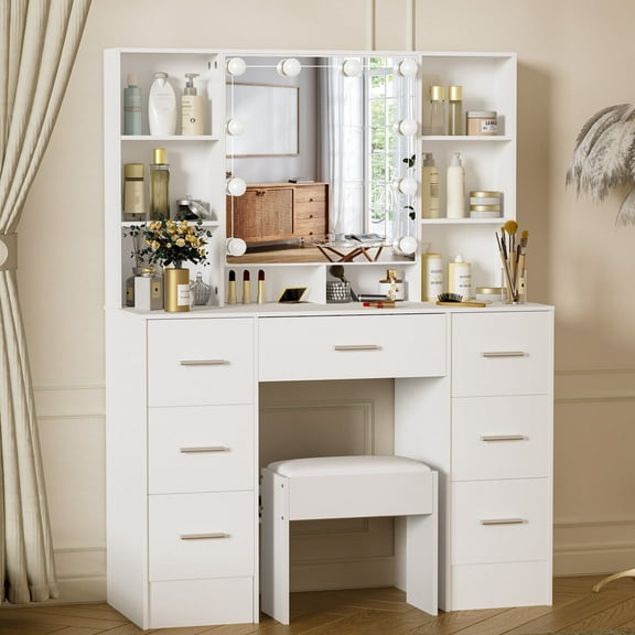 Yamissi Makeup Table Set with Mirror, 10 LED Lights, 7 Drawers Vanity Dressing Table and Stool, Modern Vanity Desk for Women, White