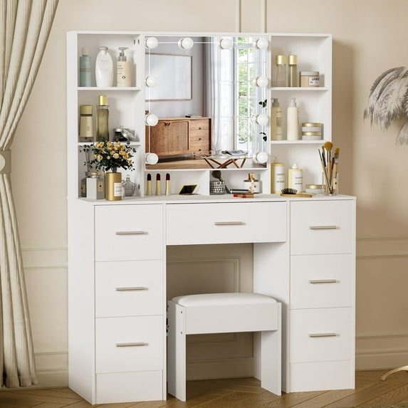 Yamissi Makeup Table Set with Mirror, 10 LED Lights, 7 Drawers Vanity Dressing Table and Stool, Modern Vanity Desk for Women, White