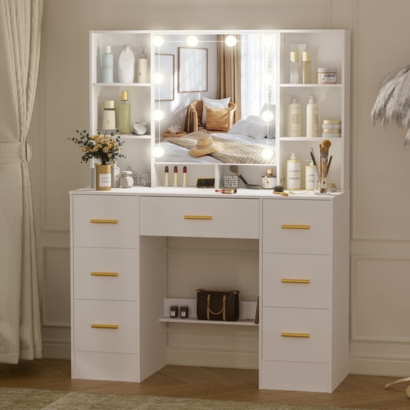 Yamissi Makeup Vanity Table with 10 LED Lights, Vanity Desk with Mirror, 7 Drawers Modern Dressing Table for Bedroom, White