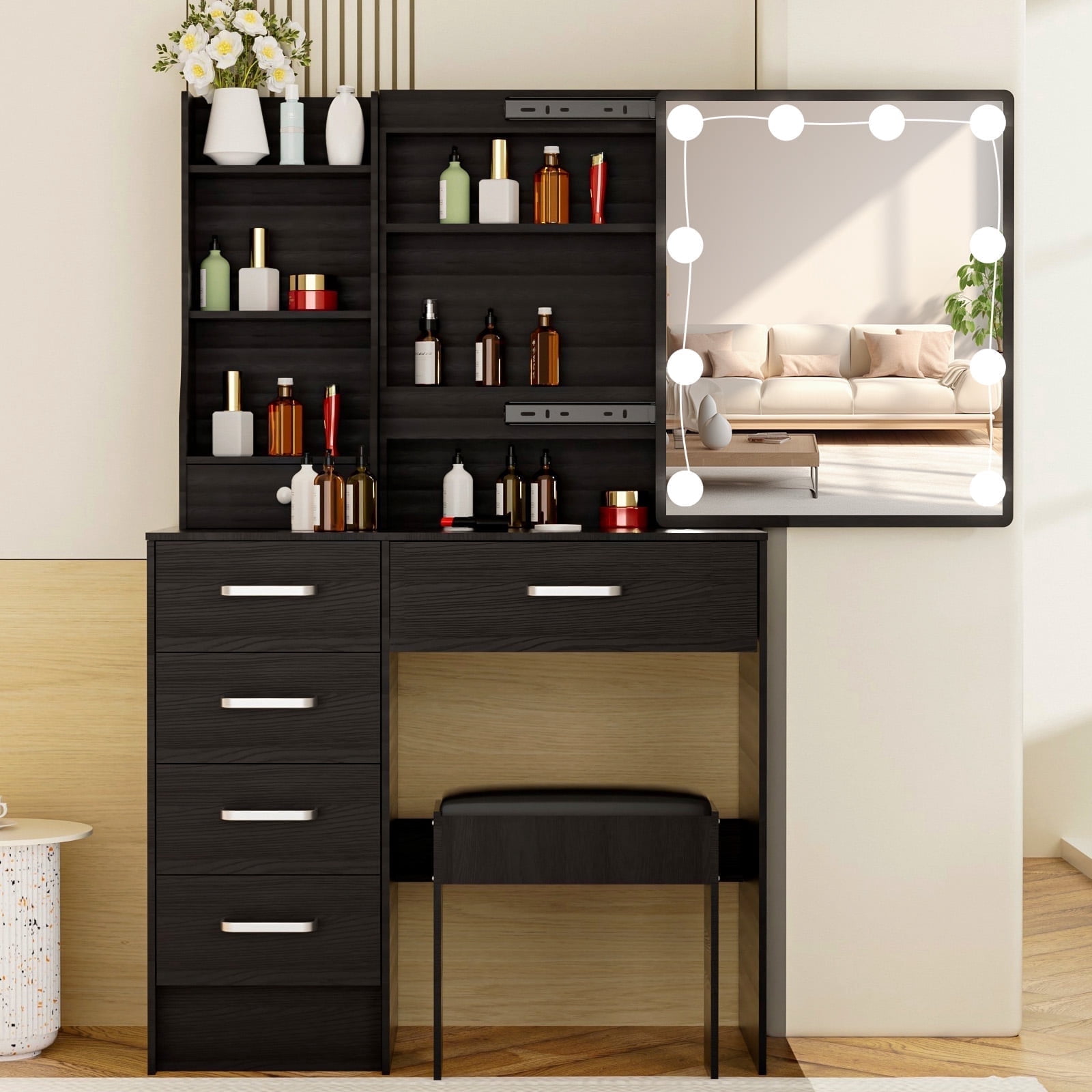 Yamissi Makeup Table with Sliding Mirror, 10 LED Lights, 5 Drawers Black Vanity Set, Modern Vanity Desk Dressing Table for Girls