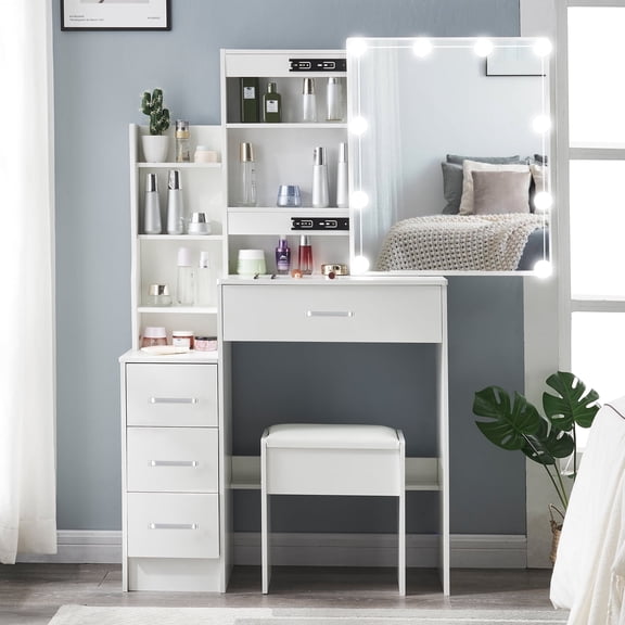 Yamissi Makeup Vanity Set w/ Lighted Mirror, Vanity Desk with Stool, Dressing Table for Girls, White