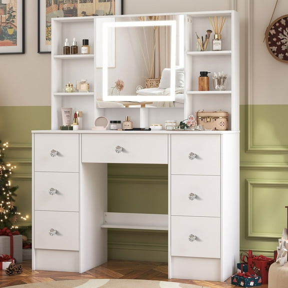 Yamissi Makeup Vanity with LED Lights, 7 Drawers Modern Vanity Desk for Bedroom, White Vanity Table for Women Girls