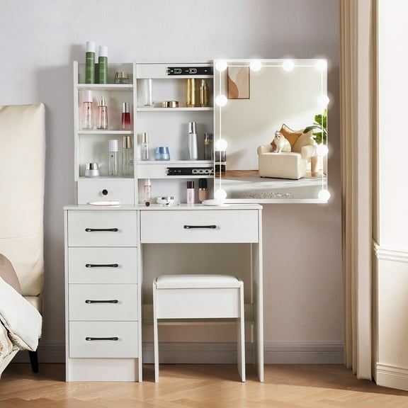 Yamissi Modern Vanity Desk with Lighted Sliding Mirror, Makeup Table with 5 Drawers and Stool, Dressing Table for Bedroom, White