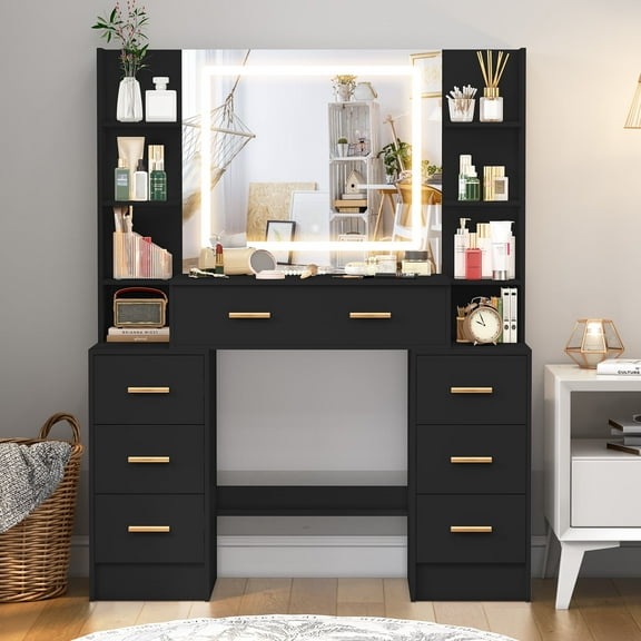 Yamissi Modern Black Vanity Set with Mirror and Lights, Large Makeup Vanity Desk with 7 Drawers, LED Lighting Dressing Table for Girls