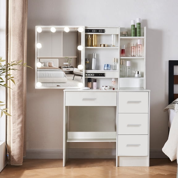 Yamissi Modern Lighted Vanity Table, Sliding Vanity Mirror, 4 Drawers Bedroom Makeup Desk for Women, White