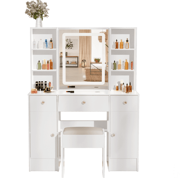 Yamissi Modern Makeup Vanity Desk Set with LED Lights and Mirror, Vanity Table and Stool, White