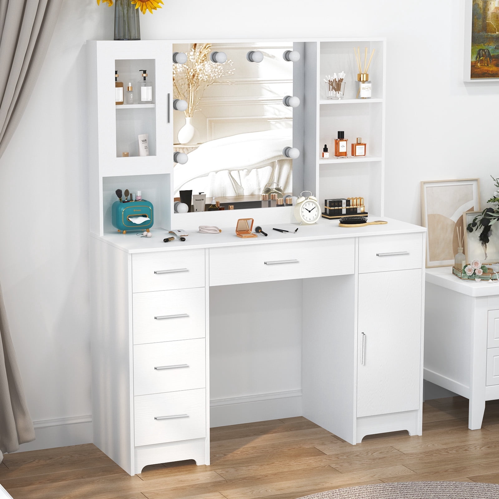 Yamissi Modern Makeup Vanity Desk with 6 Drawers & LED Mirror