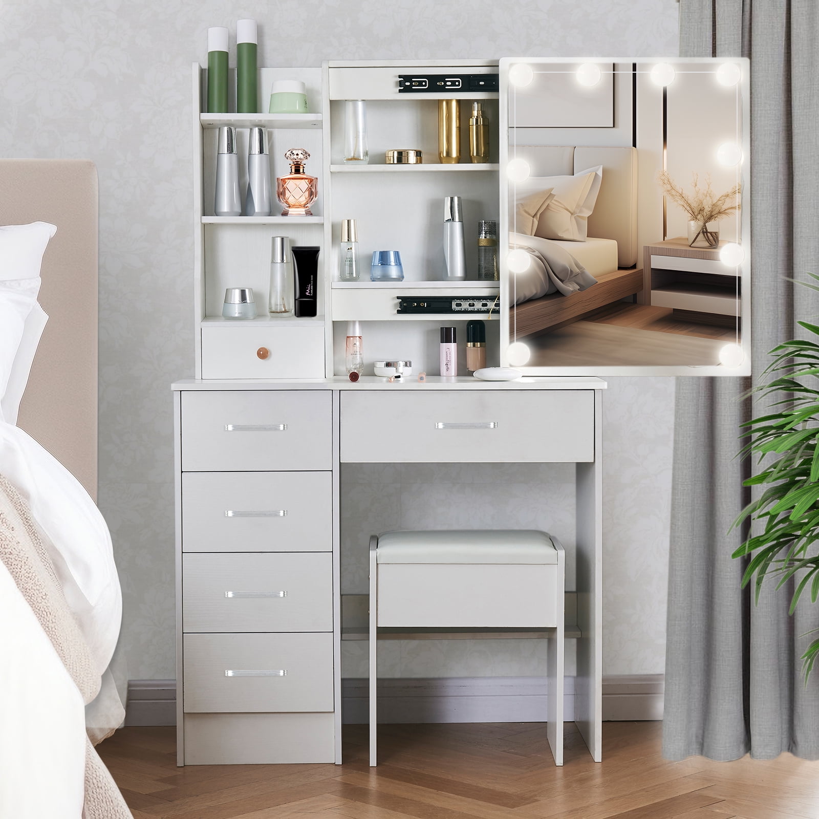 Yamissi Large Bedroom Vanity Set with Stool, LED Lights, Mirror