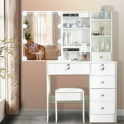 Yamissi Modern Makeup Vanity for Bedroom, Vanity Desk with LED Lighted Sliding Mirror and Stool, Makeup Table with Storage Shelves and Drawers, White