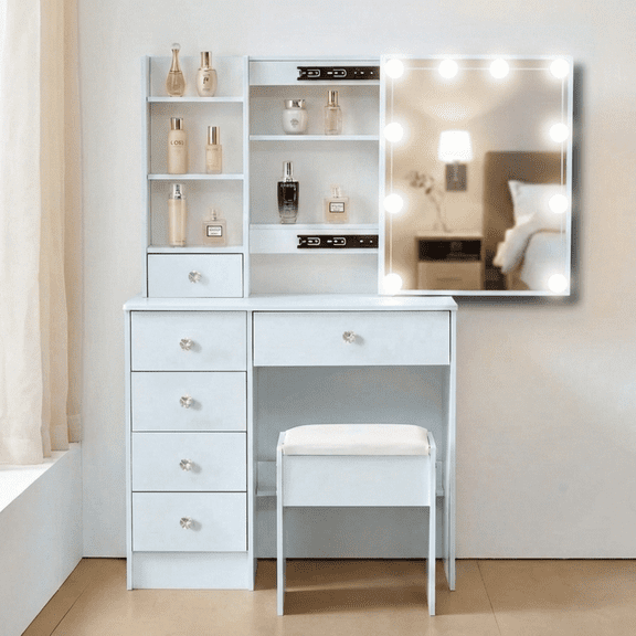 Yamissi Modern Makeup Vanity w/ Lights, Vanity Desk Set with Sliding Mirror & Stool, 6 Drawers Dressing Table for Girls, White