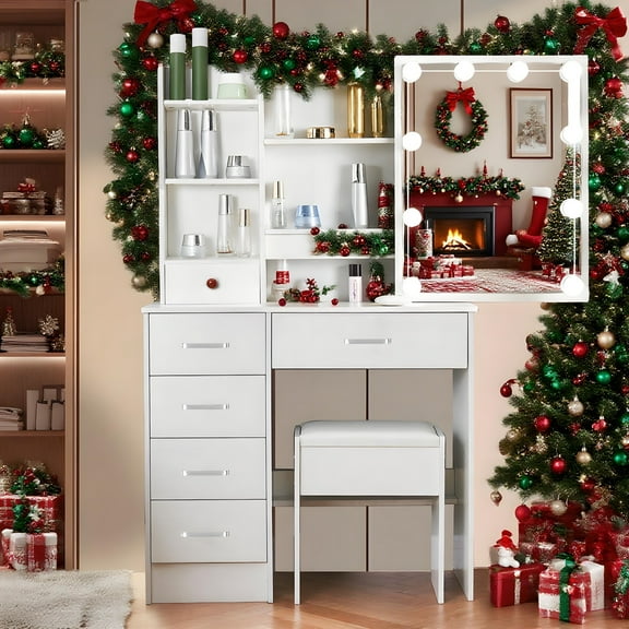 Yamissi Modern Vanity Set with Mirror and Lights, 6 Drawers Dressing Table with Stool, White Vanity Desk for Women Girls