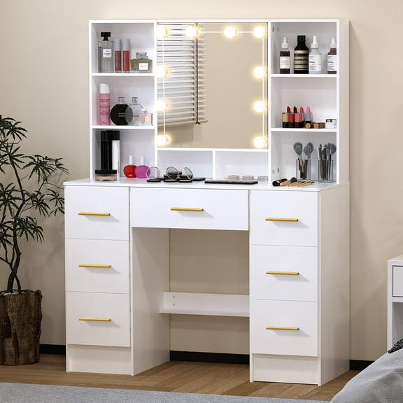 Yamissi Modern Vanity Table 10 LED Lights, 7 Drawers Makeup Vanity Desk with Mirror, Bedroom Dressing Table, White