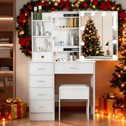 Yamissi Modern Vanity Table with Sliding Mirror and 10 LED Lights, Bedroom Makeup Desk Set with Stool, 6 Drawers & Shelves, White